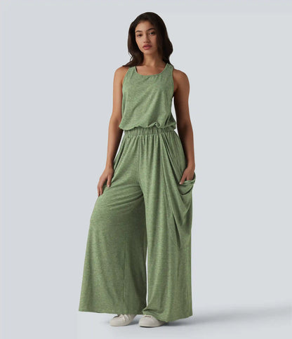Sleeveless Cut Out Wide Leg Casual Jumpsuit with Pockets-Easy Peezy Edition