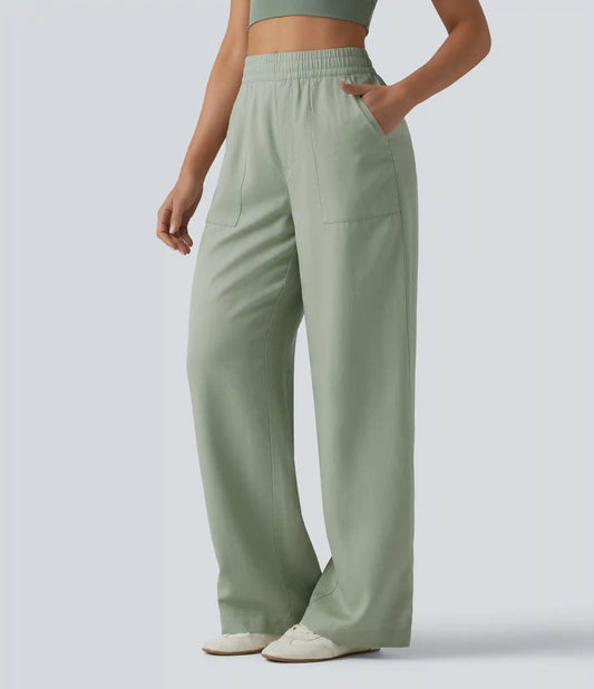 High Waisted Inner Drawstring Lyocell Linen-Blend Casual Wide Leg Pants with Pockets