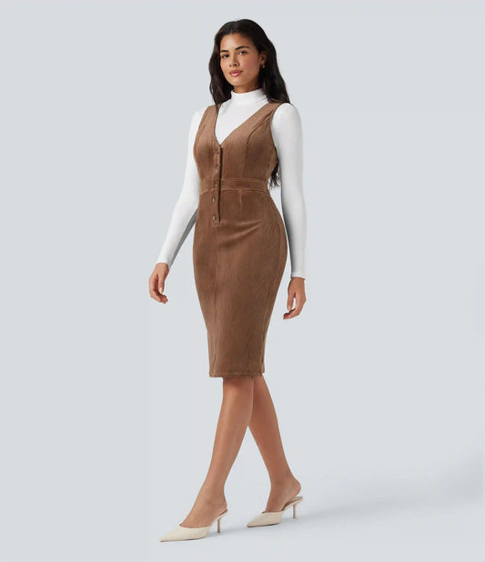 V-neck Sleeveless Fleece Corduroy Casual Pinafore Dress