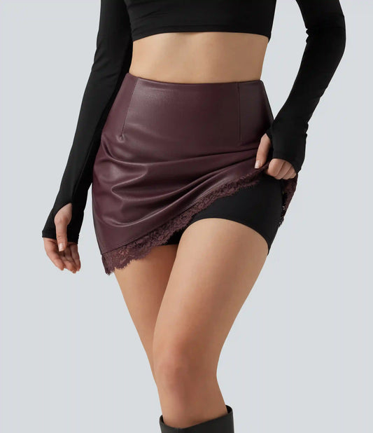 High Waisted Tummy Control Contrast Lace A-Line Casual Mini Skirt with Built-In Shorts
