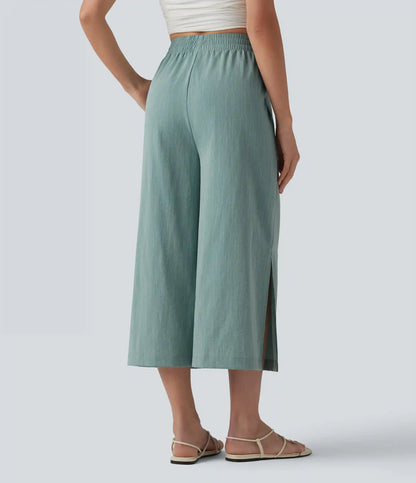 High Waisted Split Linen-Feel Casual Cropped Baggy Pants with Pockets