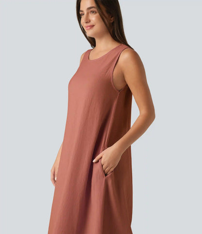 Round Neck Sleeveless Midi Plain Casual Tank Dress with Pockets