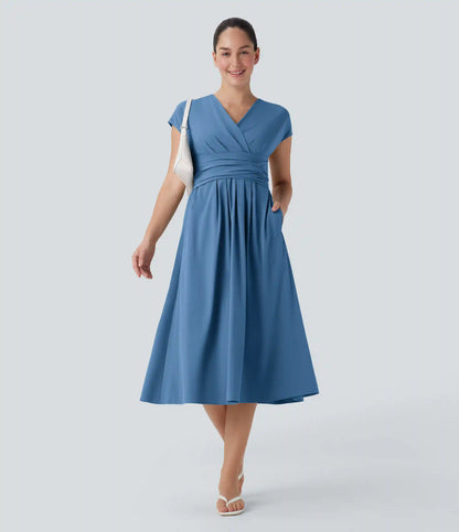 Breezeful™ V Neck Short Sleeve Pocket Tie Back Quick Dry Midi Casual Dress