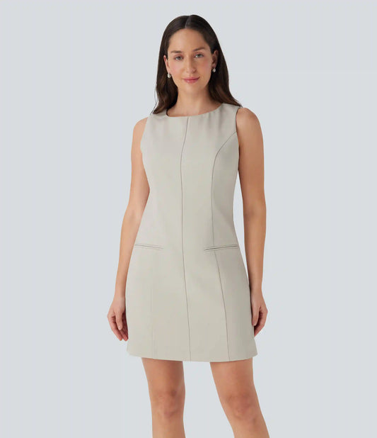 Boat Neck Sleeveless Botton Mini Work Dress with Pockets