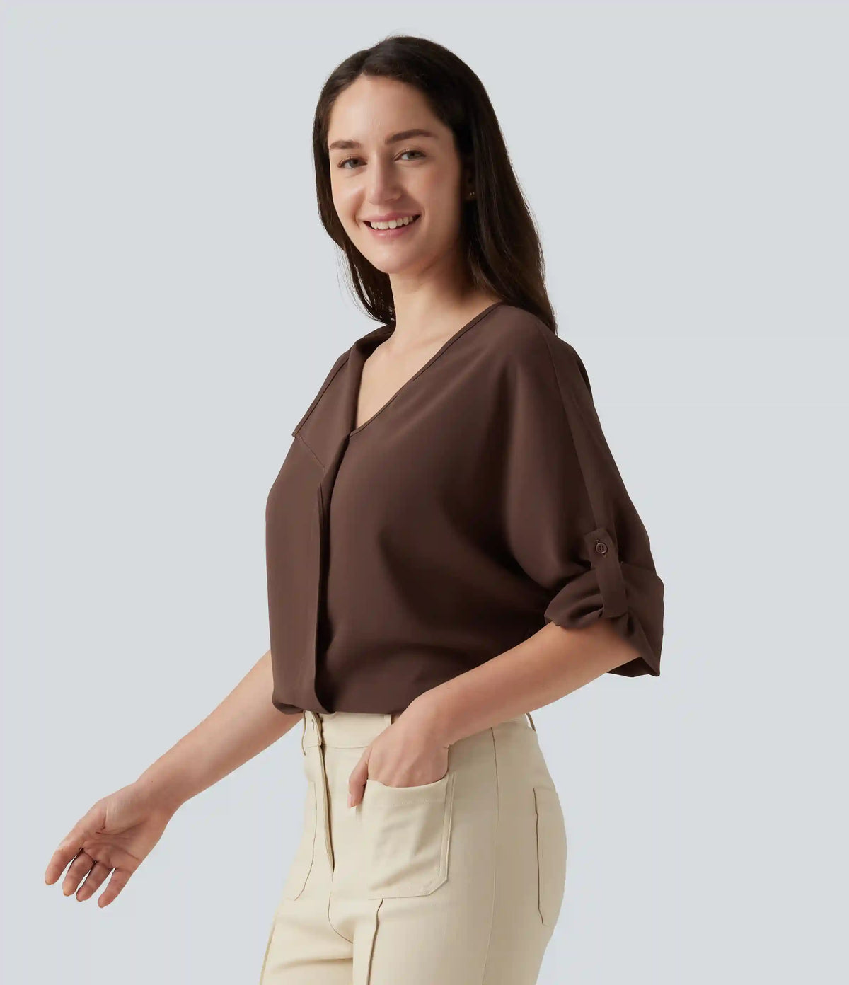 V Neck Long Sleeve Asymmetric Relaxed Work Blouse