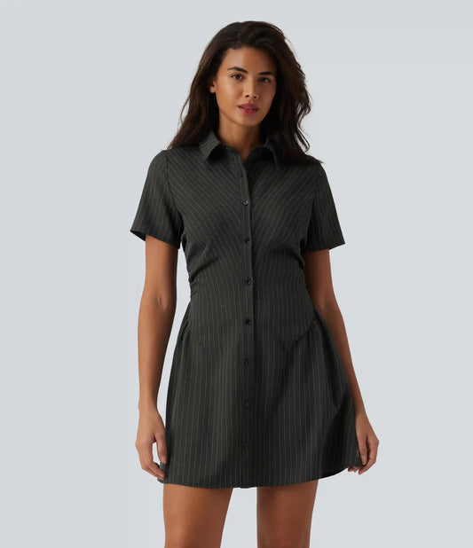 Collar Short Sleeve Shirred Ruched Cinched Waist Stripes Mini Casual Shirt Dress