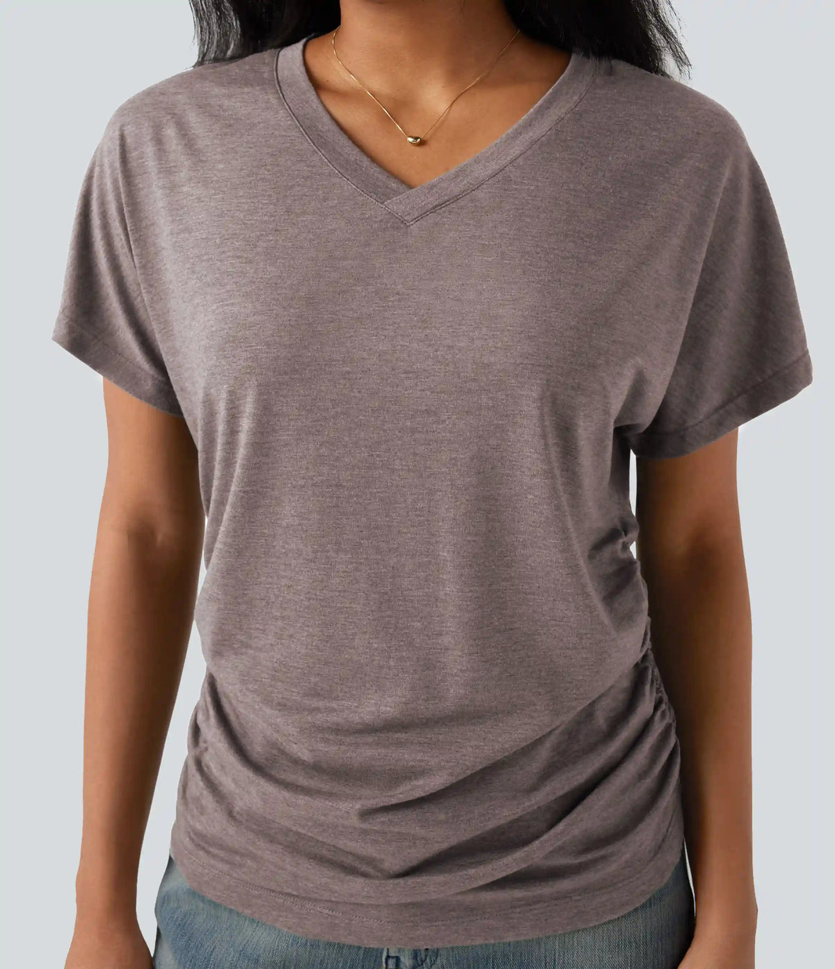 V-neck Short Sleeve Ruched Relaxed Casual Top