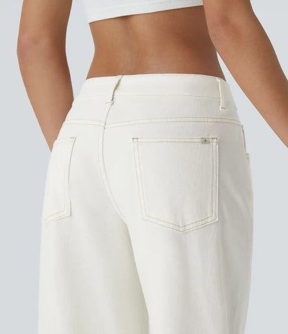 Halara Flex™ Asymmetric Low Rise Zipper Pockets Baggy Wide Leg Washed Casual Jeans
