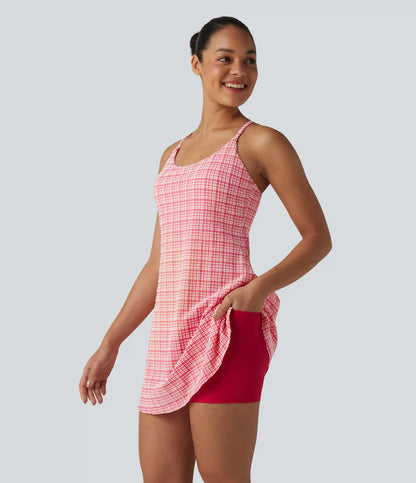 2-in-1 Plaid Crinkle Quick Dry Mini Tennis Active Dress with Pockets-Easy Peezy Edition