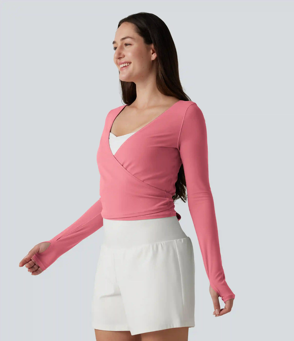 SoftlyZero™ Long Sleeve Thumb Holes Crossover Wrap Tie Casual Top