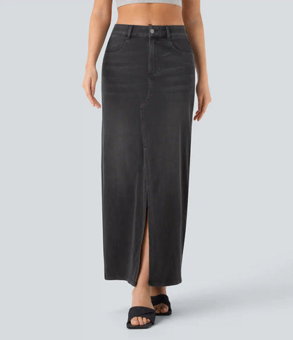 Halara Flex™ Mid Rise Pockets Straight Maxi Washed Denim Casual Skirt