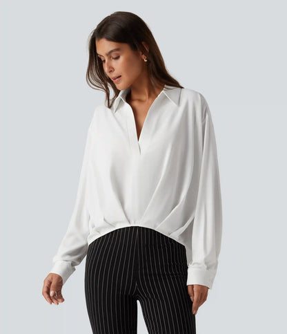 Collared Long Sleeve Curved Hem Work Blouse