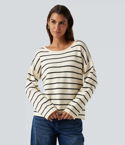 Boat Neck Long Sleeve Stripe Rolled Hem Oversized Casual Sweater