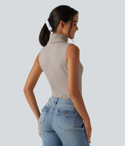 Ribbed Knit High Neck Casual Tank Top