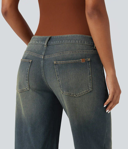 Halara Flex™ Asymmetric Low Rise Zipper Pockets Baggy Wide Leg Washed Casual Jeans