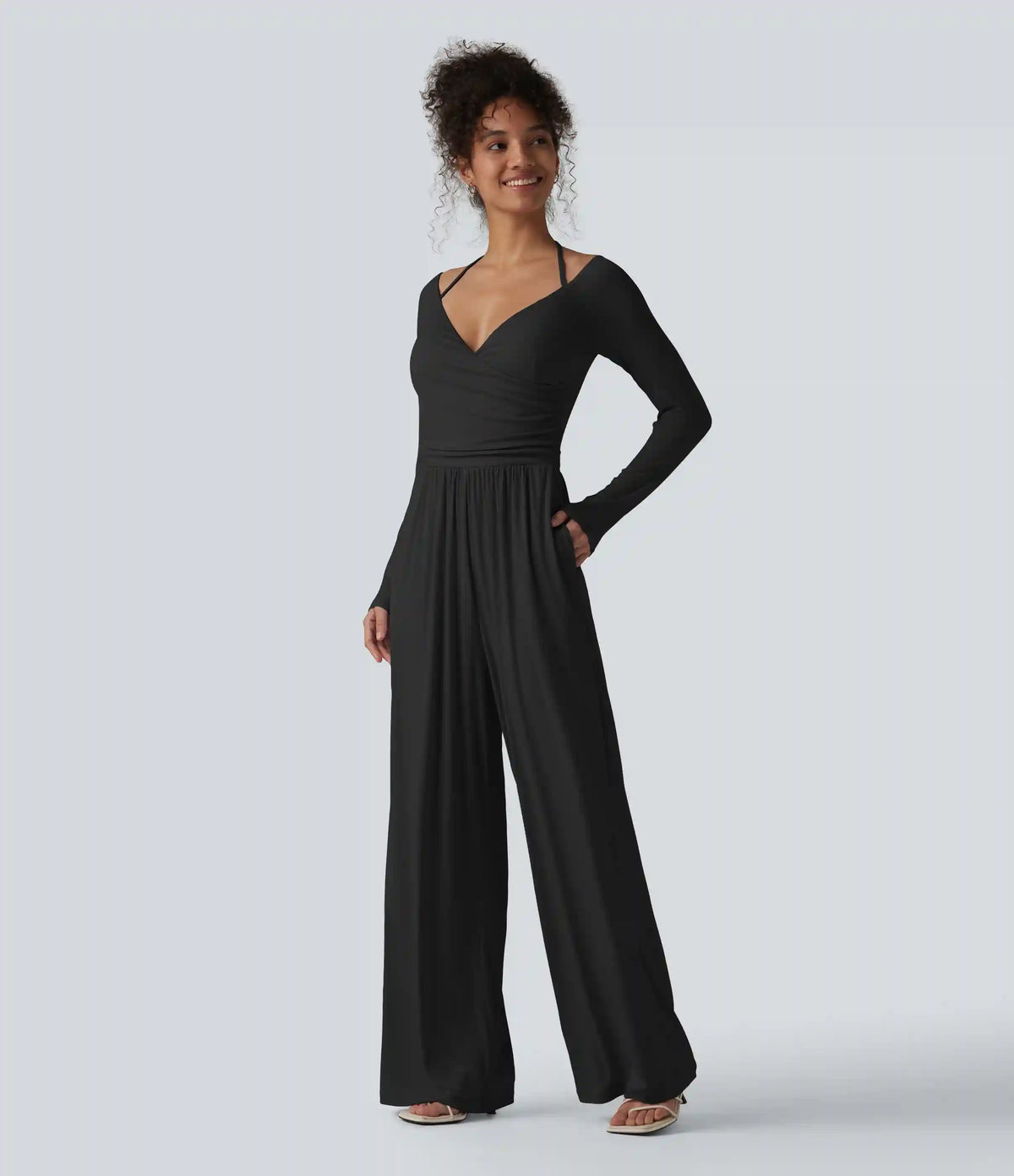Ribbed Halter Tie Back Off Shoulder Built-in Bra Long Sleeve Casual Jumpsuit with Pockets