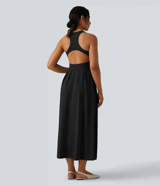 Round Neck Racerback Midi Casual Dress with Pockets