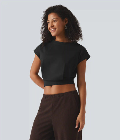 Round Neck Batwing Short Sleeve Cropped Yoga Sports Top
