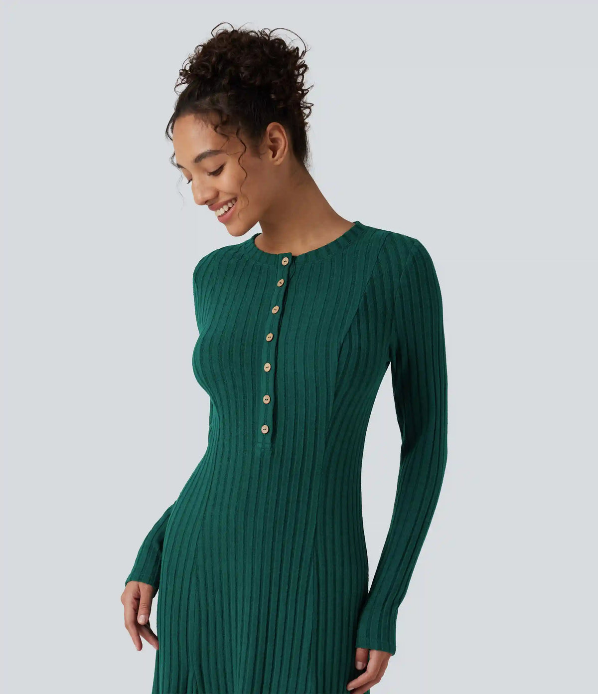 Ribbed Knit Henley Neck Long Sleeve Flowy Midi Casual Dress