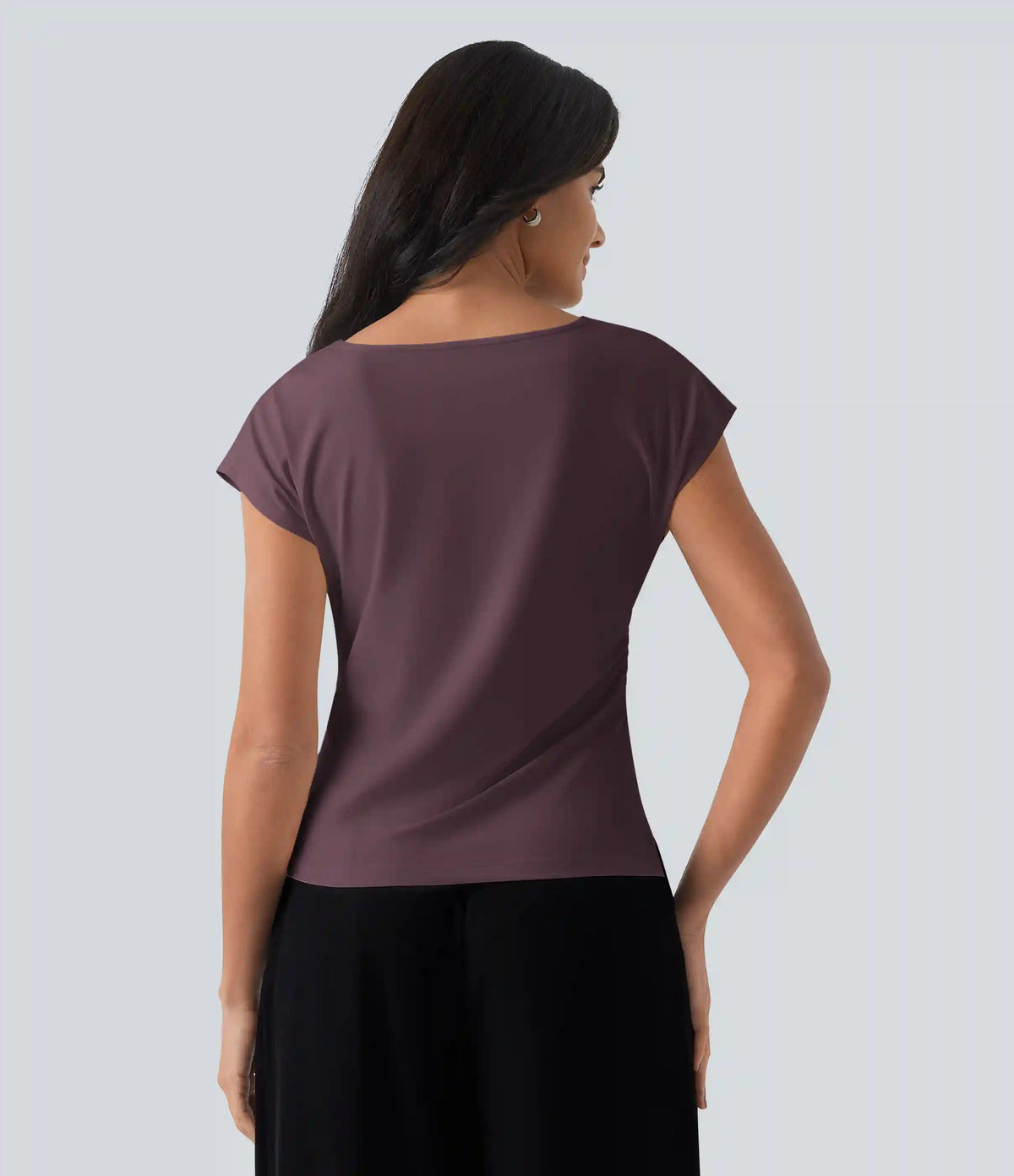 Asymmetric Cowl Neck Short Sleeve Ruched Split Hem Work Blouse