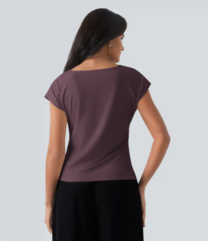 Asymmetric Cowl Neck Short Sleeve Ruched Split Hem Work Blouse