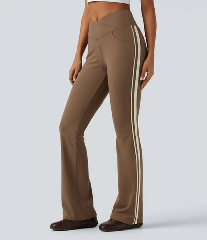 DayStretch High Waisted Crossover Tummy Control Side Stripe Bootcut Casual Pants with Pockets
