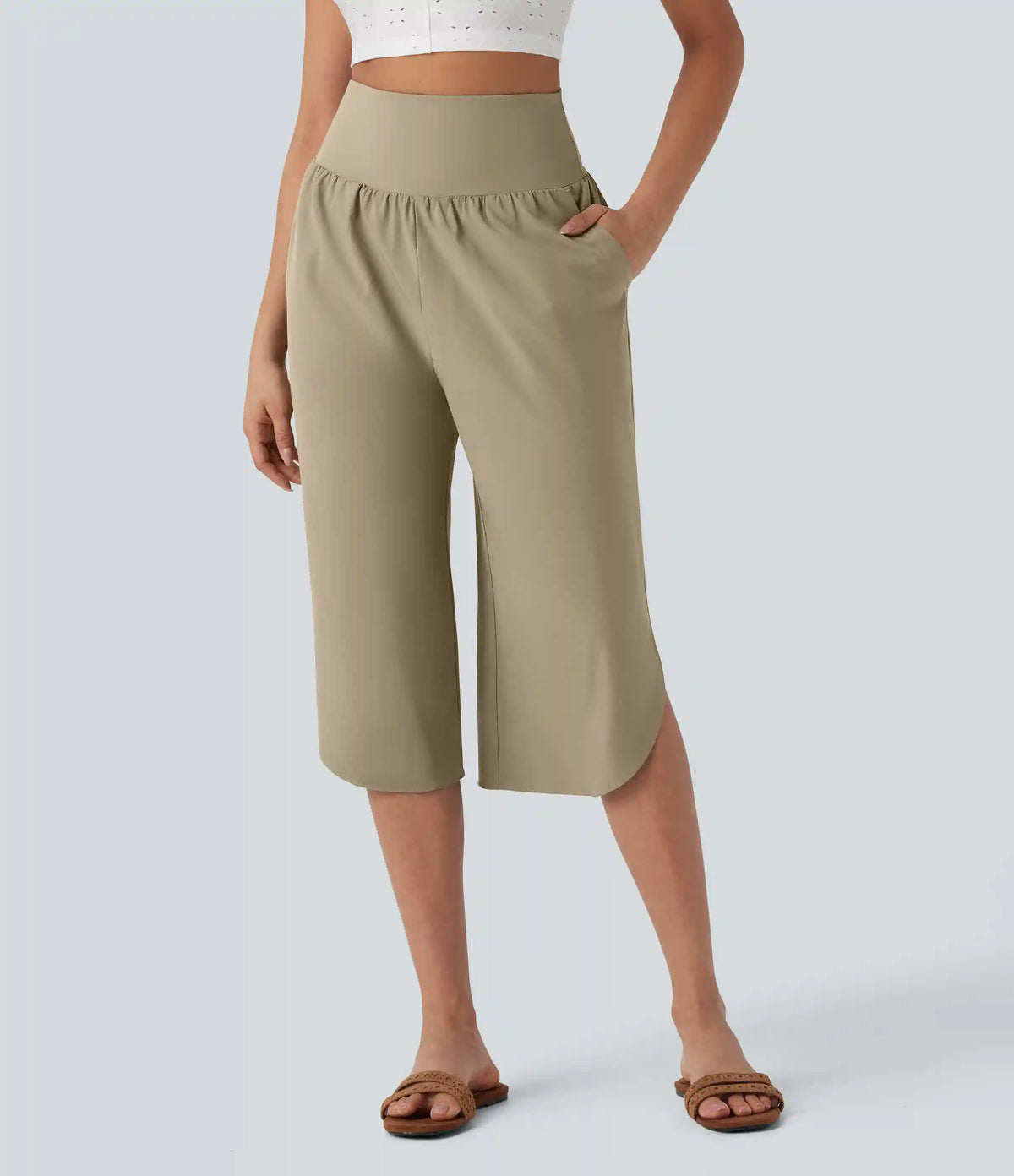 Breezeful™ High Waisted Tummy Control Hem Quick Dry Capri Pants with Pockets