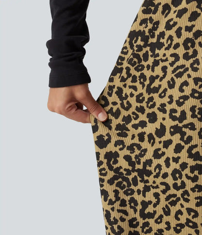 High Waisted Leopard Print Corduroy Casual Baggy Pants with Pockets