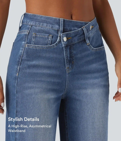 Halara Flex™ Asymmetric High Waisted Washed Casual Baggy Jeans with Pockets