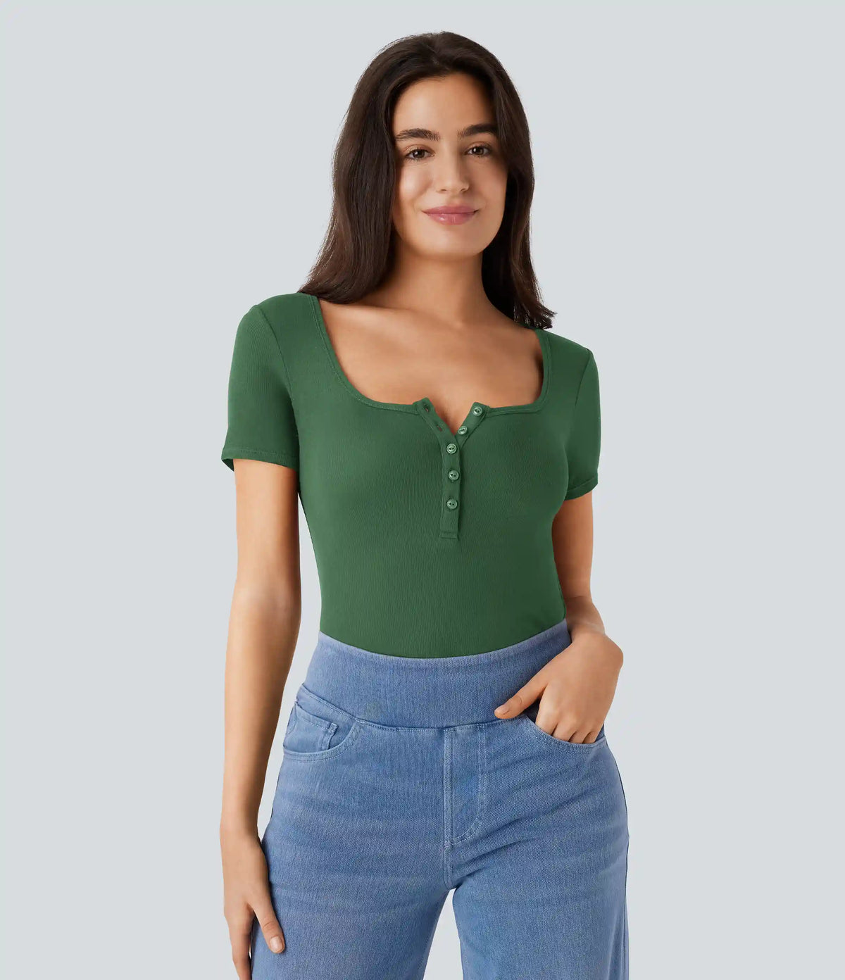 Ribbed Henley Neck Short Sleeve Slim Casual Top