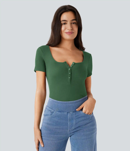 Ribbed Henley Neck Short Sleeve Slim Casual Top