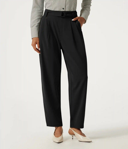 High Waisted Belted Tapered Work Pants with Pockets