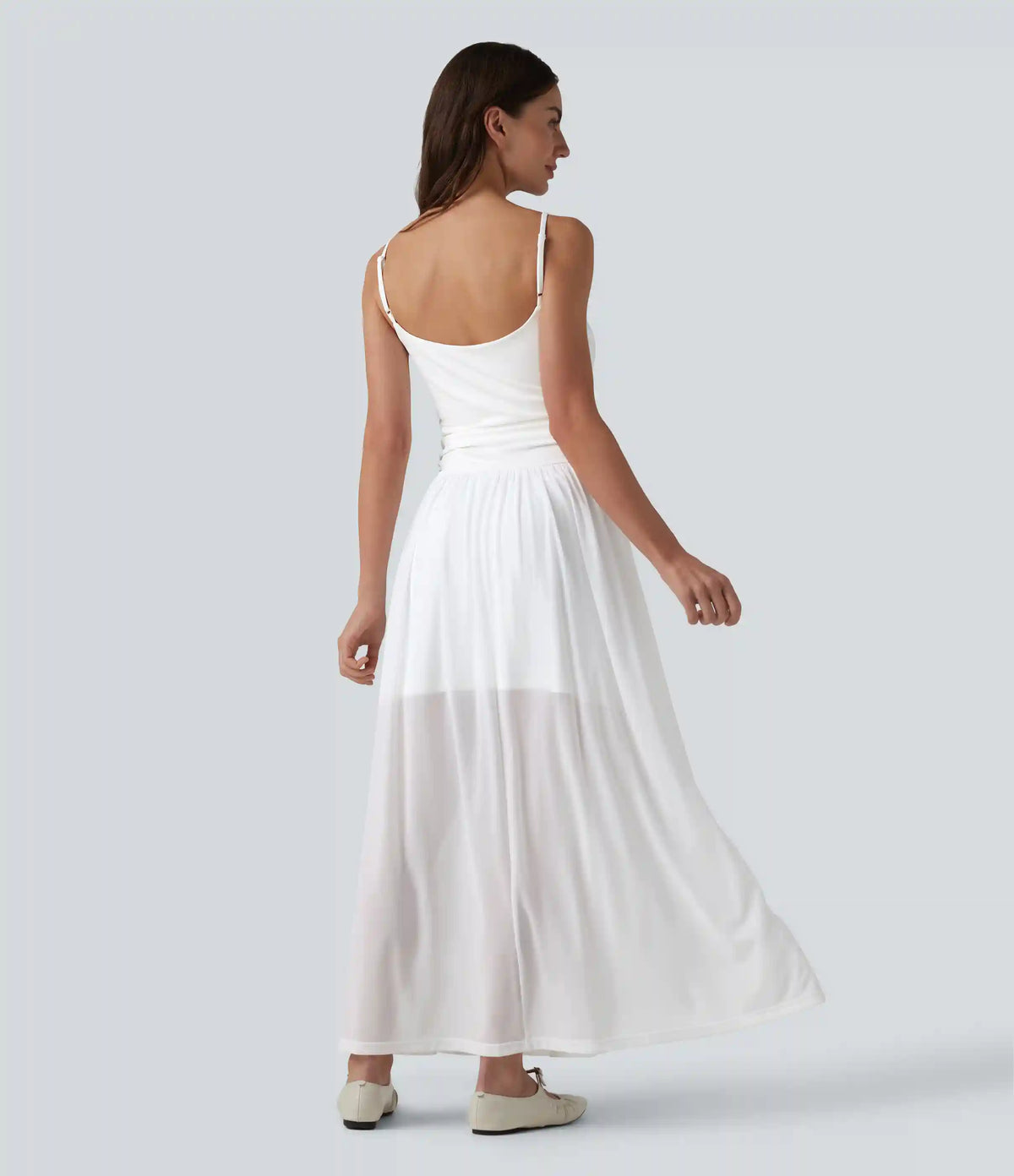 Adjustable Straps Ruched Contrast Mesh Built-in Bra Maxi Casual Flowy Slip Dress