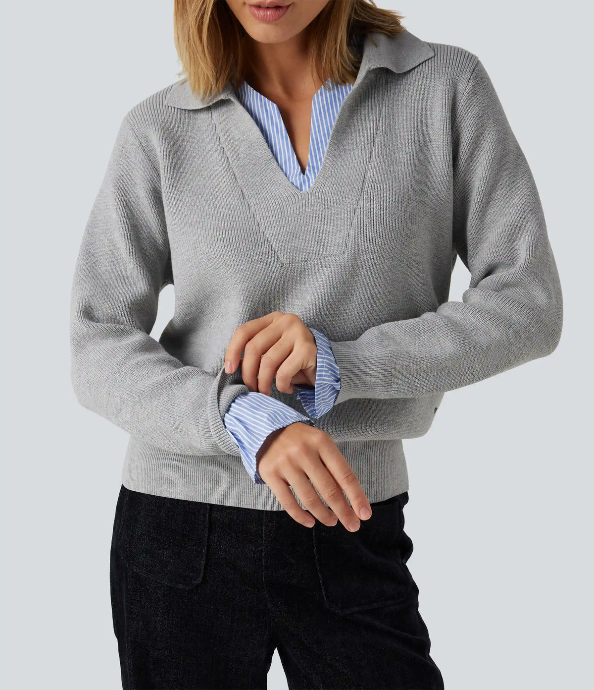 Collared V Neck Long Sleeve 2-in-1 Work Sweater
