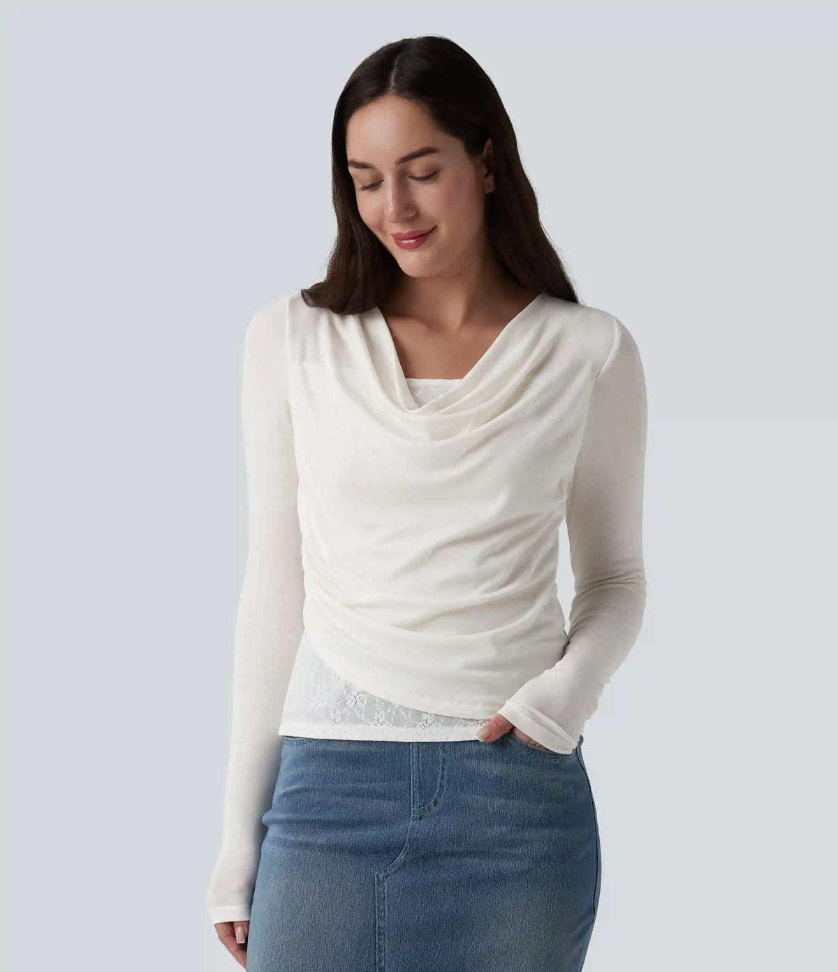 Ribbed Knit Cowl Neck Long Sleeve Contrast Lace Casual Top