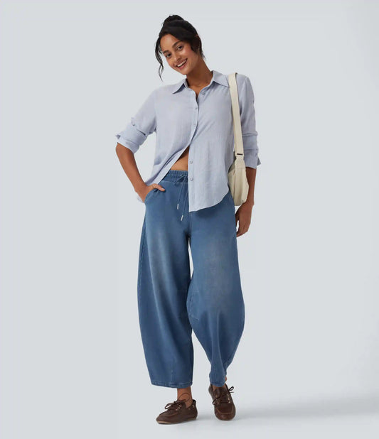 Halara Flex™ Mid Rise Drawstring Barrel Leg Casual French Terry Baggy Sweatpants Jeans with Pockets