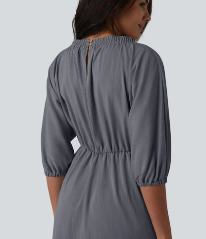 V Neck 3/4 Sleeve Midi Casual Linen-Feel Dress with Pockets