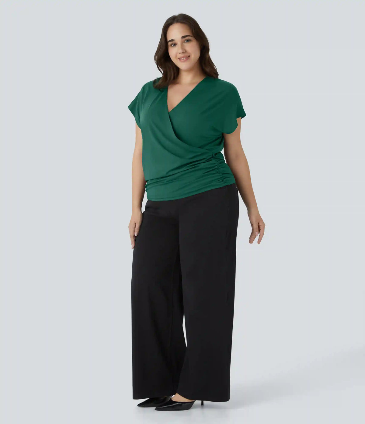 V Neck Cap Sleeve Crossover Ruched Solid Work Plus Size Blouse