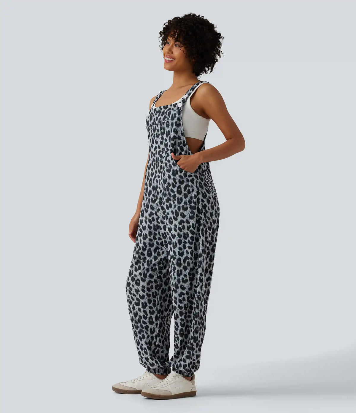 Adjustable Straps Leopard Print Waffle Casual Jogger Overalls with Pockets