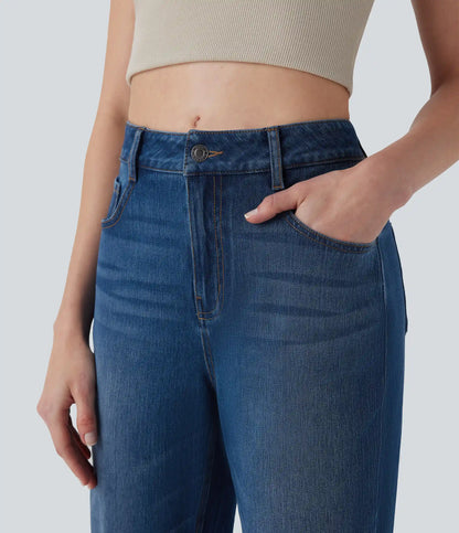 Halara Flex™ Mid Rise Straight Leg Washed Casual Jeans with Pockets