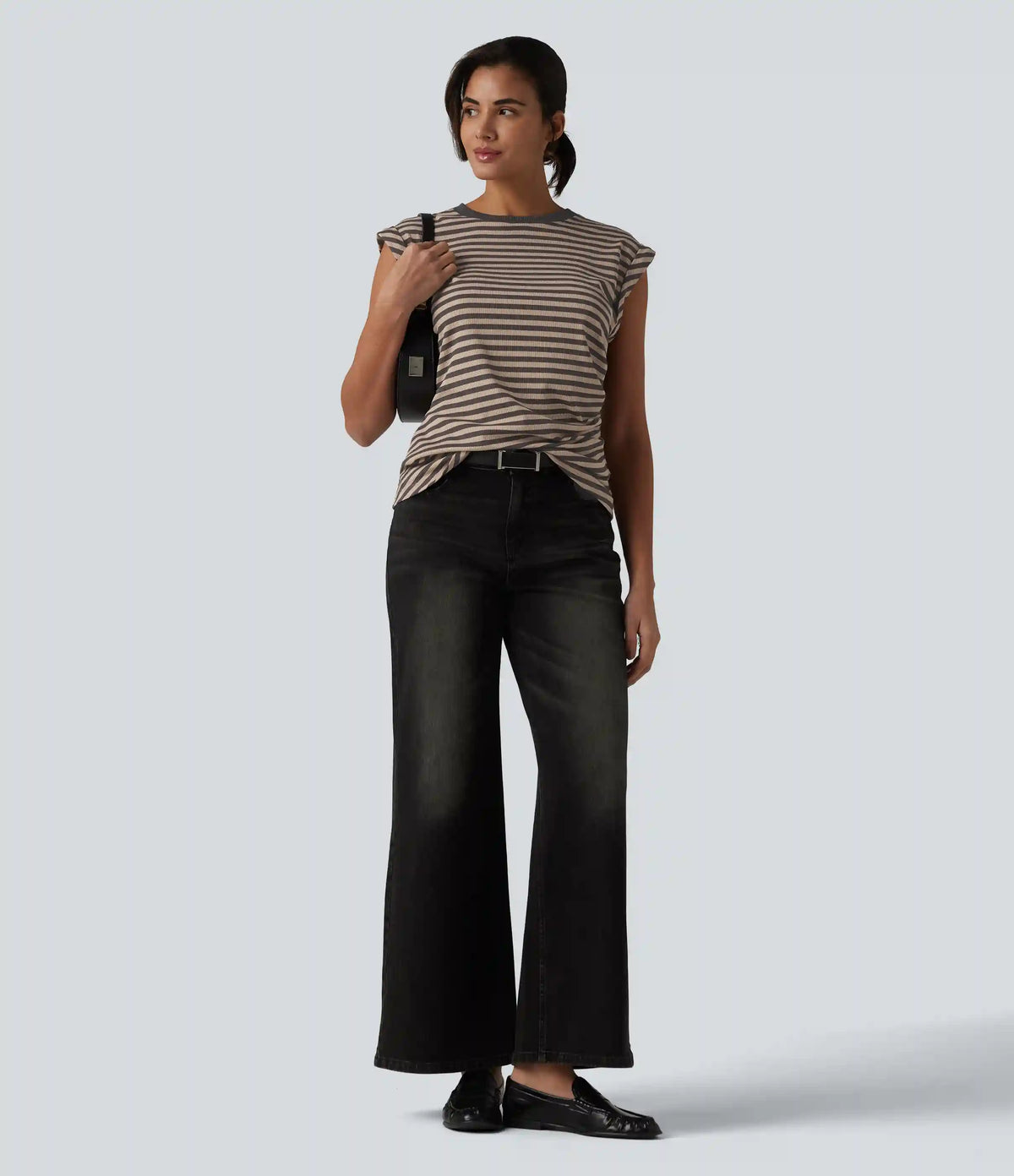 Ribbed Knit Round Neck Cap Sleeve Stripes Casual T-Shirt