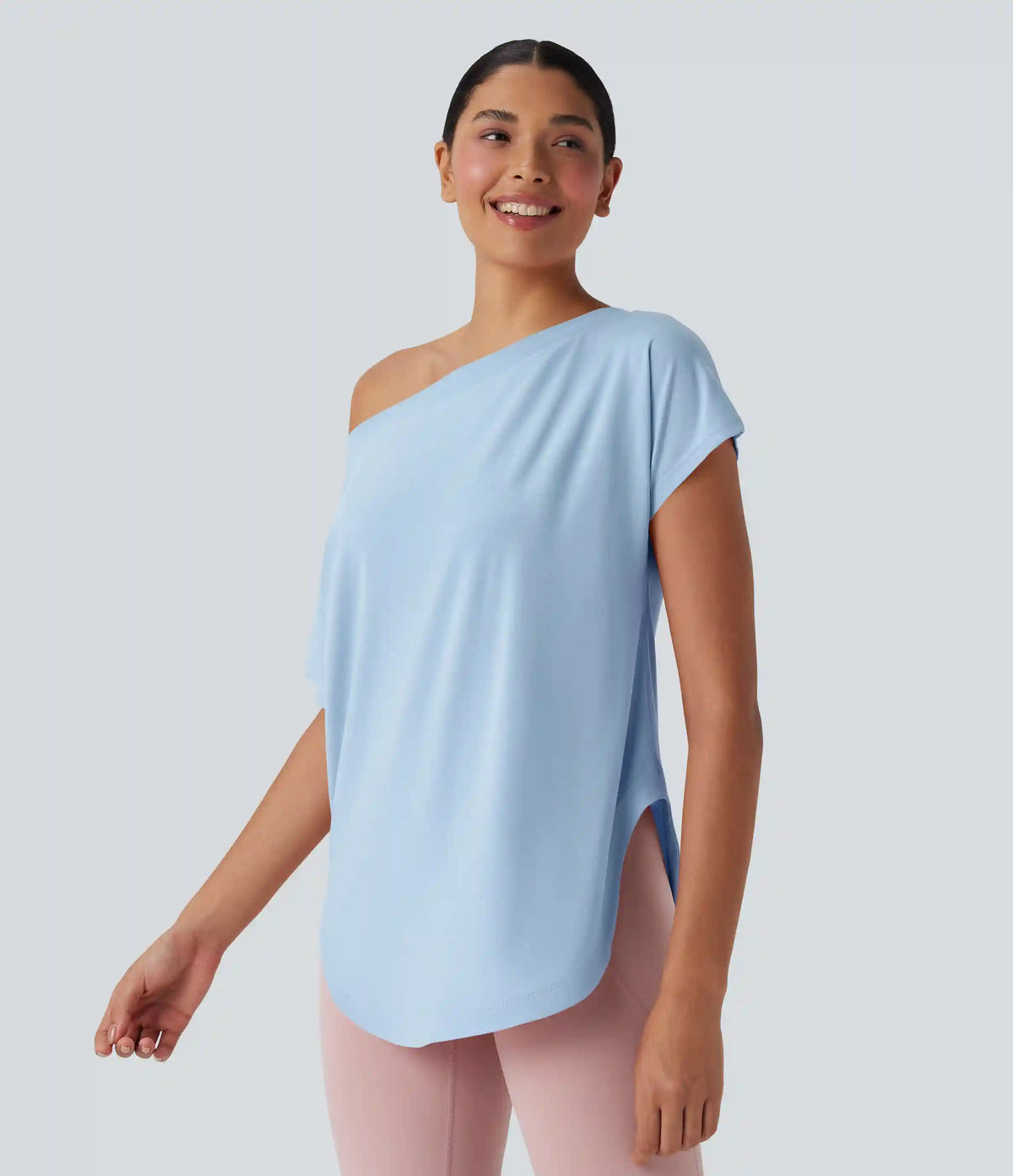 One Shoulder Short Sleeve Curved Hem High Low Quick Dry Yoga Sports Top