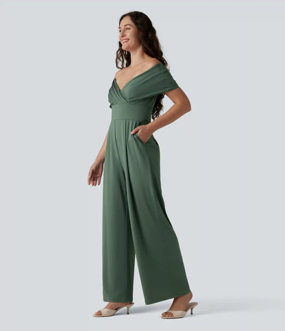 Off Shoulder Short Sleeve Built-in Bra Casual Jumpsuit with Pockets-Easy Peezy Edition