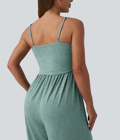 Adjustable Straps Ruched Wide Leg Heathered Casual Jumpsuit with Pockets-Easy Peezy