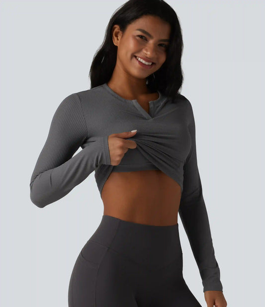 Ribbed Knit Notch Long Sleeve Non-Removable Pad Slim Casual Top
