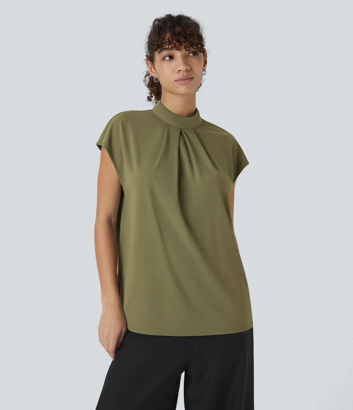 Stand Collar Back Cap Sleeve Work Blouse
