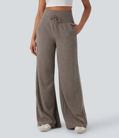 Ribbed High Waisted Tummy Control Drawstring Side Stripe Baggy Casual Pants with Pockets