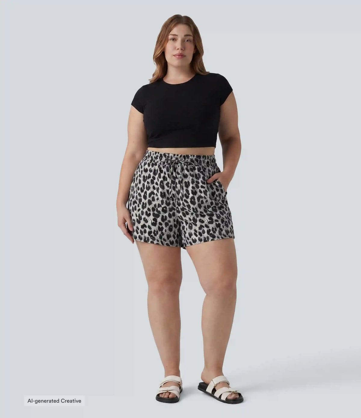 Plus Size High Waisted Drawstring Leopard Print Casual Shorts with Pockets