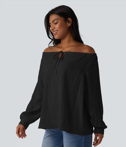 Off-shoulder Tie Long Sleeve Linen-Feel Oversized Casual Blouse