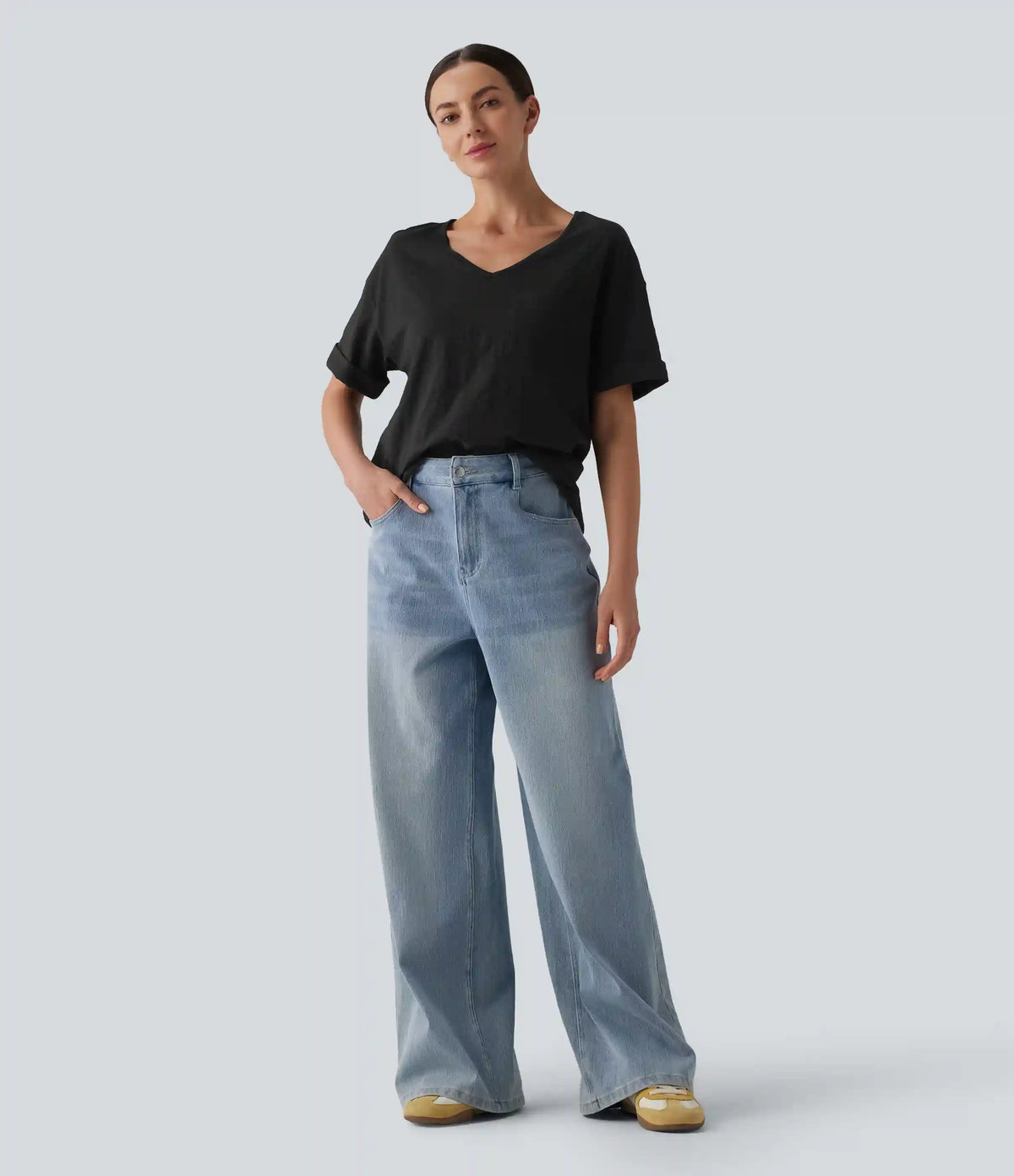 Sweetheart Neck Roll Short Sleeve Relaxed Casual Slubbed Cotton T-Shirt with Pocket